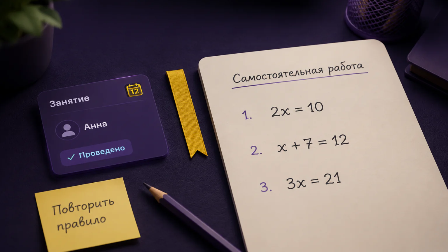 Бумажные упражнения по алгебре рядом с записью проведённого занятия.