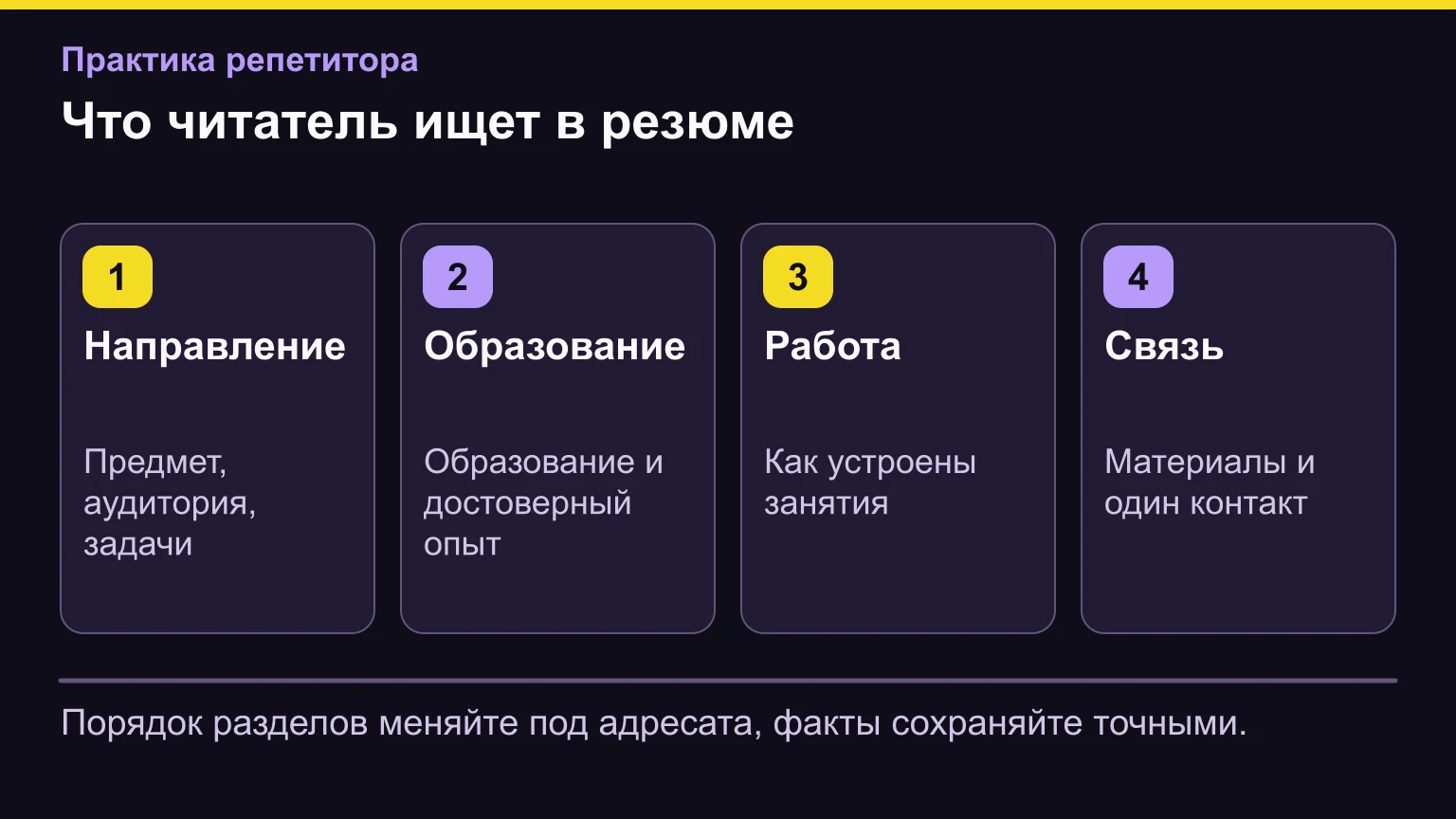 Что читатель ищет в резюме. Порядок разделов меняйте под адресата, факты сохраняйте точными.