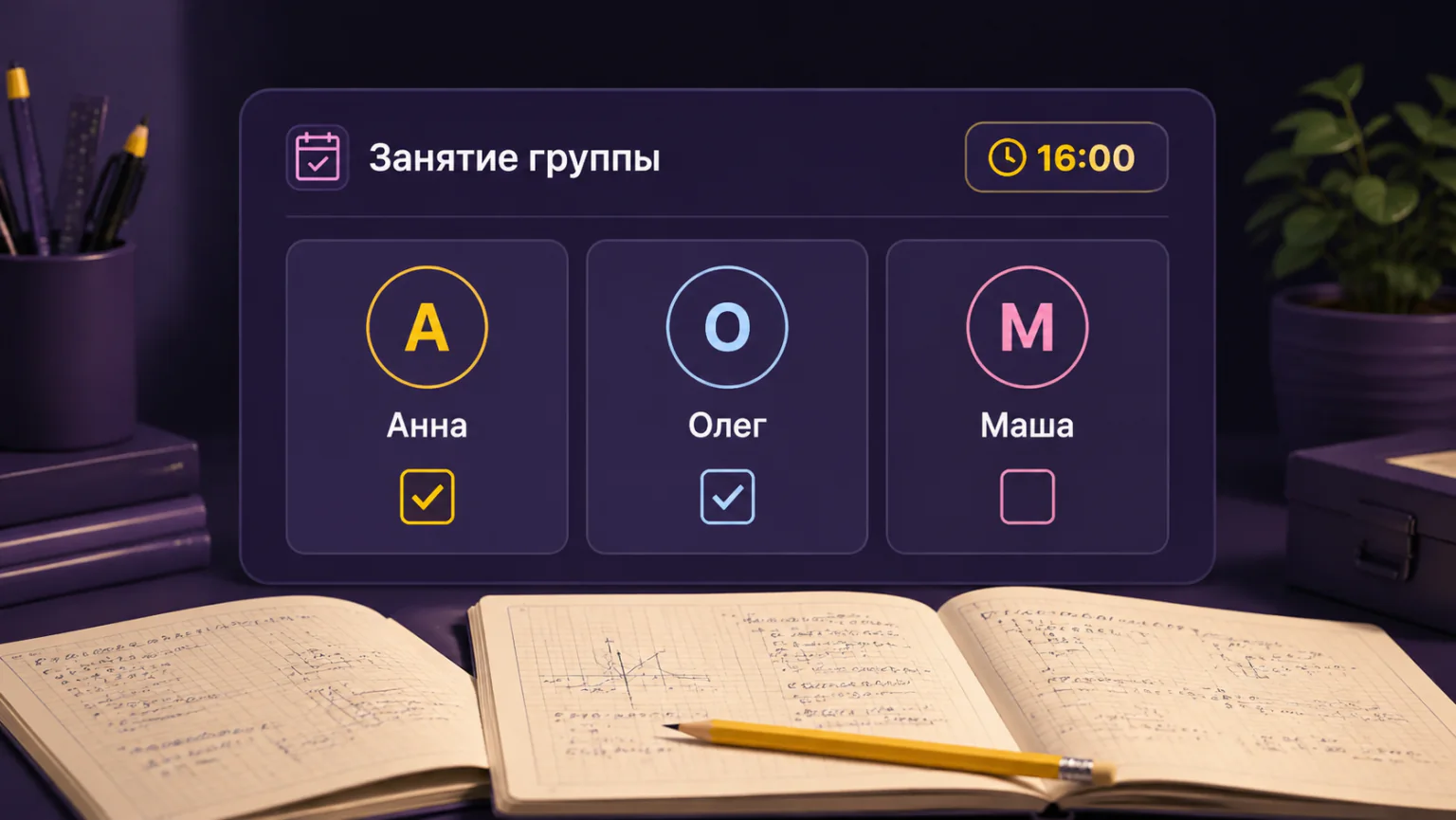 Три карточки участников мини-группы с отдельными отметками посещения.