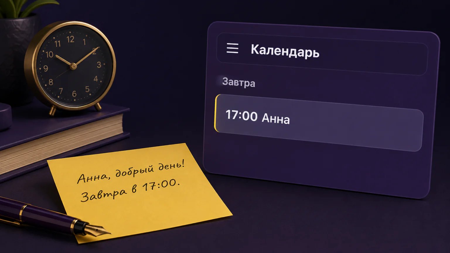 Запись занятия на завтра в 17:00 рядом с рукописным напоминанием.