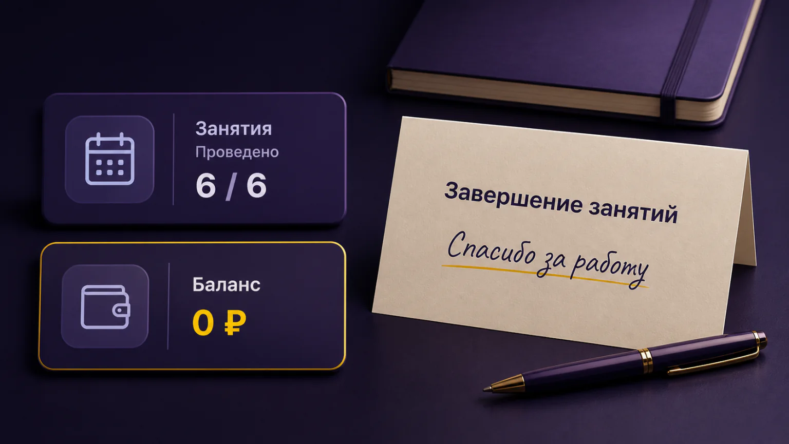 Записи проведённых занятий и нулевой баланс рядом с письмом о завершении работы.