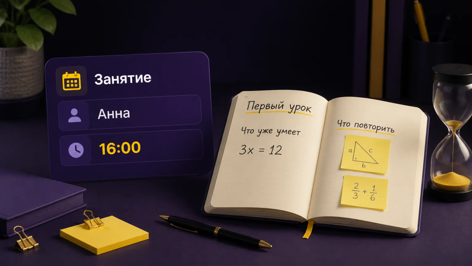 Карточка первого занятия рядом с тетрадью для знакомства с уровнем ученика.