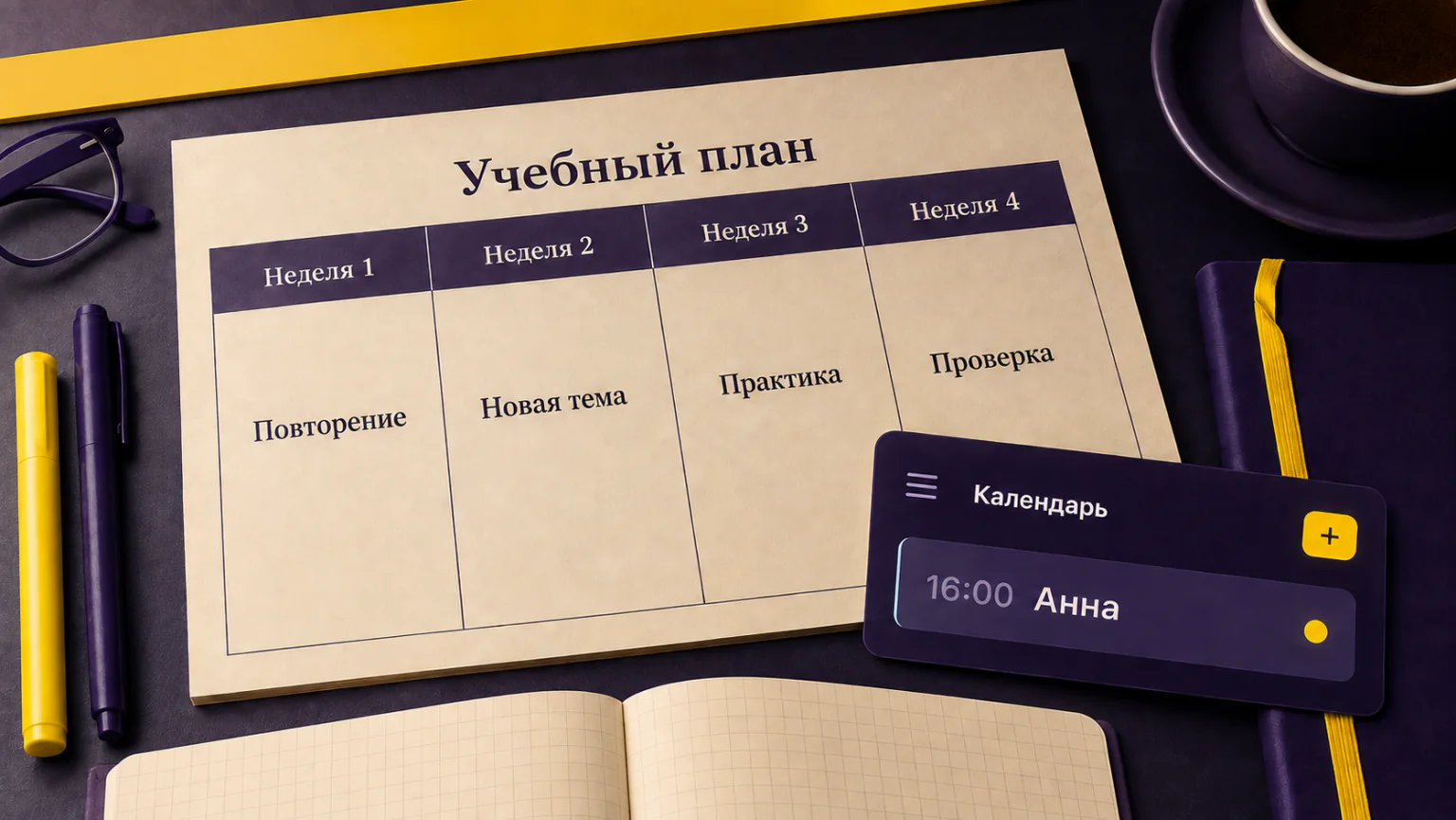 Бумажный учебный план на четыре недели рядом с календарной записью.