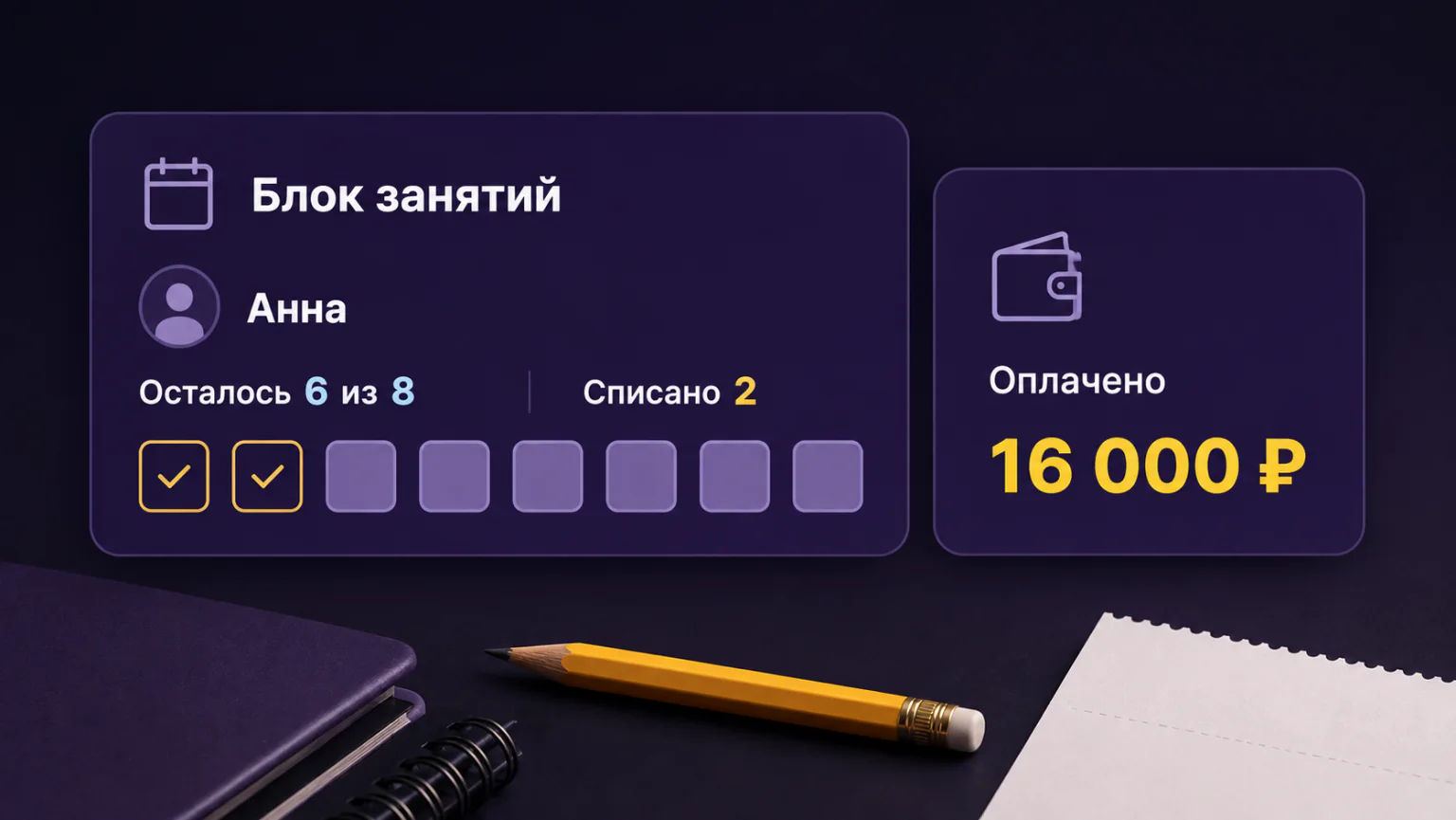 Карточка оплаченного блока с остатком шести из восьми занятий.